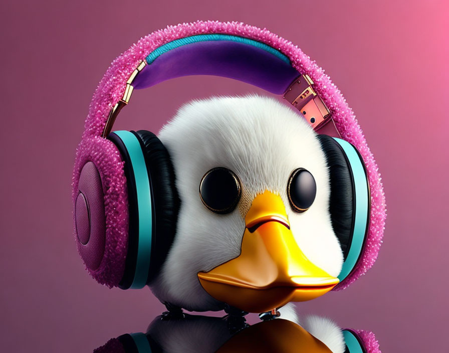 Stylized 3D animated duckling with large head and purple headphones