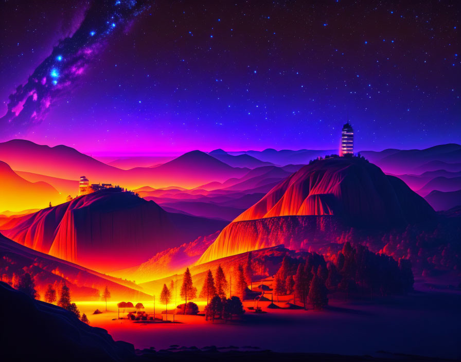 Neon-lit landscape with purple skies and aurora over mountains