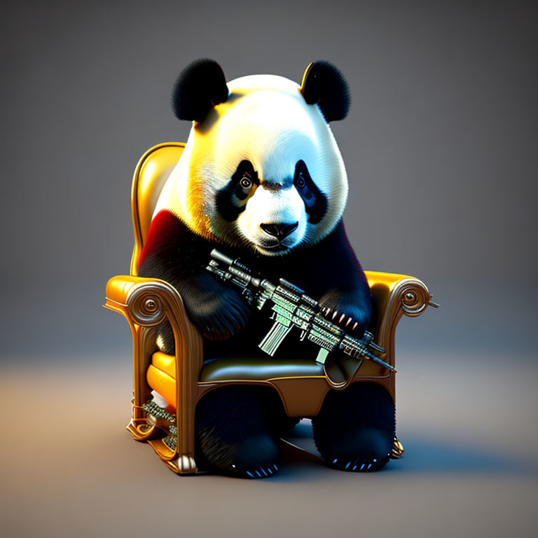 Stoic panda on armchair with futuristic gun