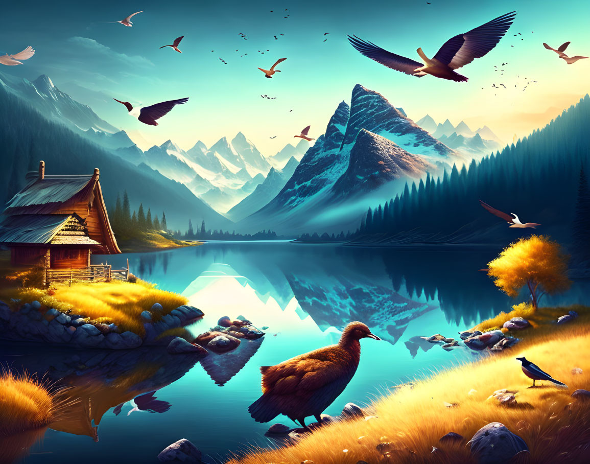 Tranquil mountain landscape with cabin, lake, birds, animals at golden sunset