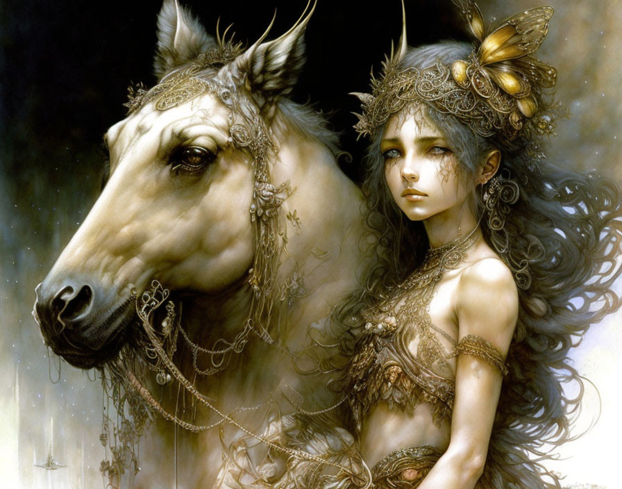 Fantastical artwork: Young woman with ornate headpiece & pale horse adorned with delicate chains and