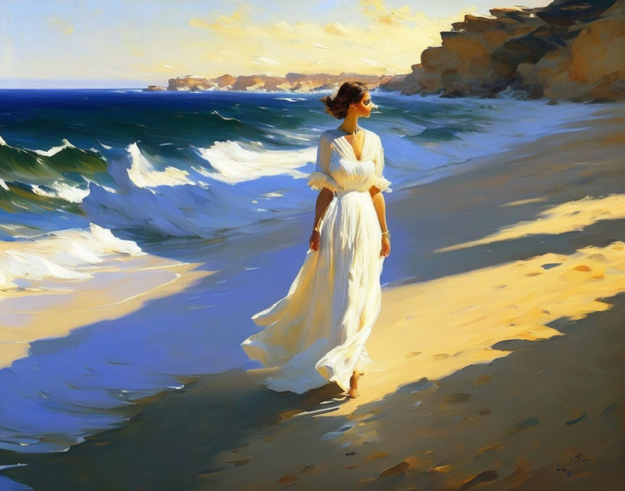 Woman in white dress on sandy beach with crashing waves and cliffs in sunny sky