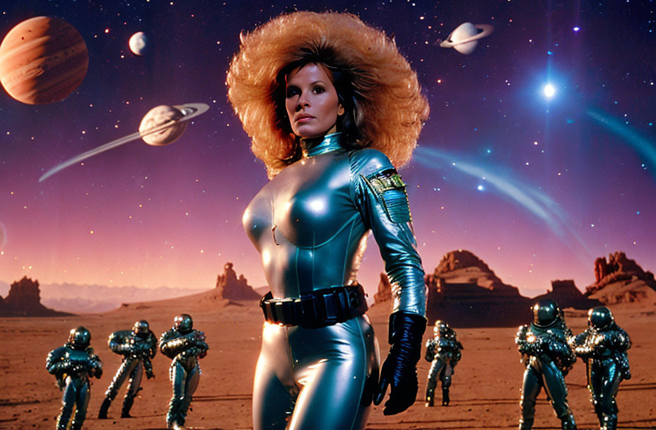 Futuristic woman on desert alien planet with moons & armored figures