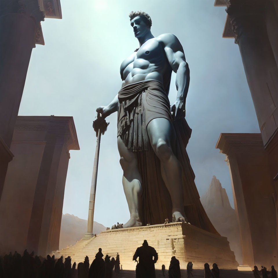 Massive ancient warrior statue overlooks people in classical setting