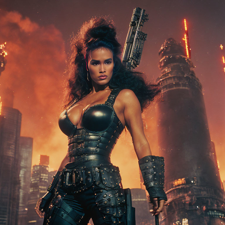 Confident woman in futuristic armor against dystopian cityscape