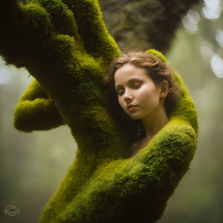 Tranquil woman by moss-covered tree in misty forest