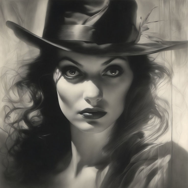 Intense gaze woman in wide-brimmed hat with feather, curly hair, bold lipstick