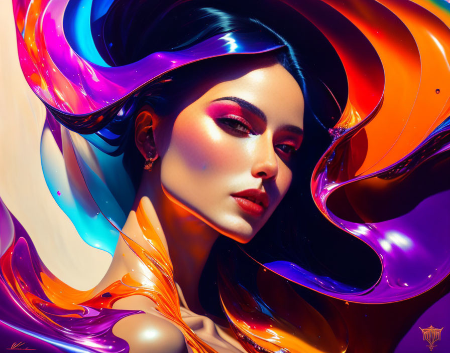 Colorful digital artwork of a woman with swirling vibrant colors.