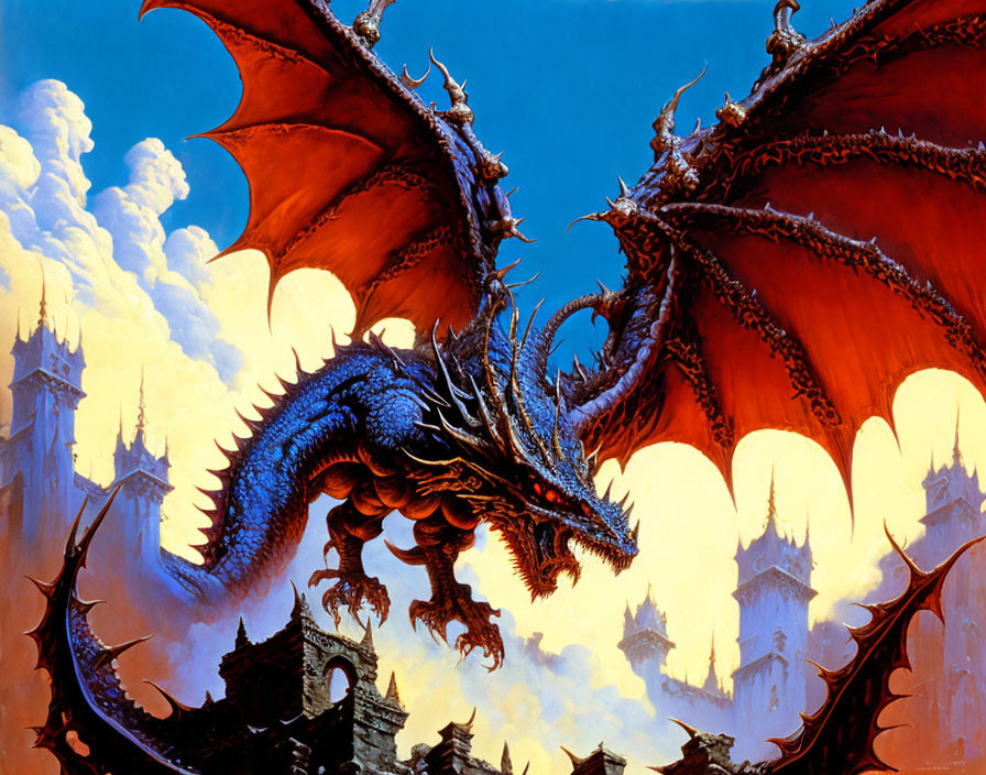 Blue Dragon with Red Wings Soaring over Castle in Fantasy Landscape