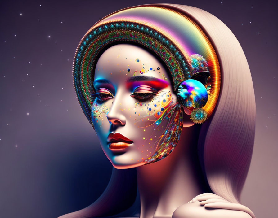 Stylized female figure with cosmic patterns and halo in digital art