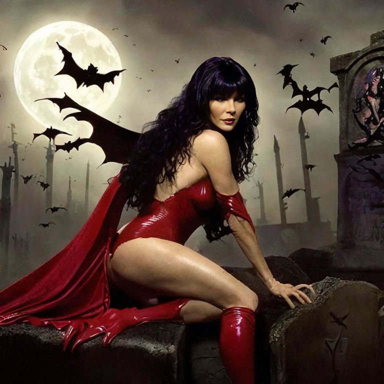 Woman in red costume with cape against moonlit gothic backdrop with bats.