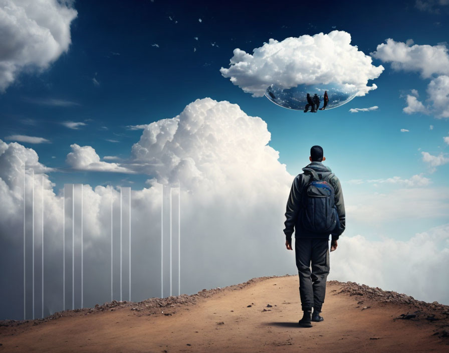 Person on dry surface views surreal scene of people on cloud-island with descending white pillars