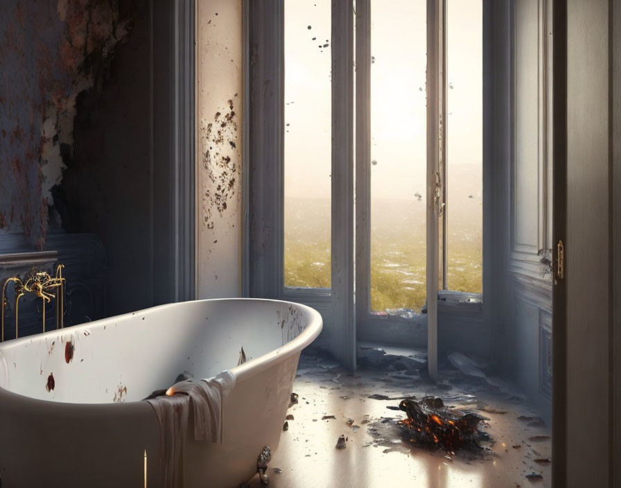 Dusty old bathtub by cracked window with sunlight and damaged floor