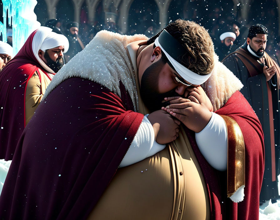 Animated characters embrace in snowy scene with solemn onlookers