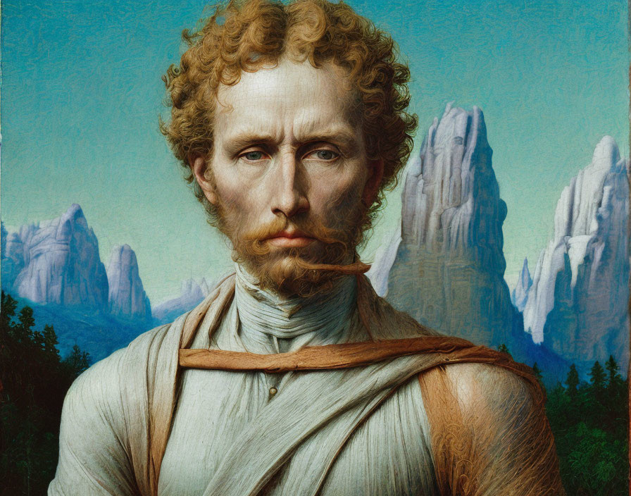 Digital artwork: Classic portrait with surreal twist, ginger-haired man, bandaged neck, mountainous backdrop