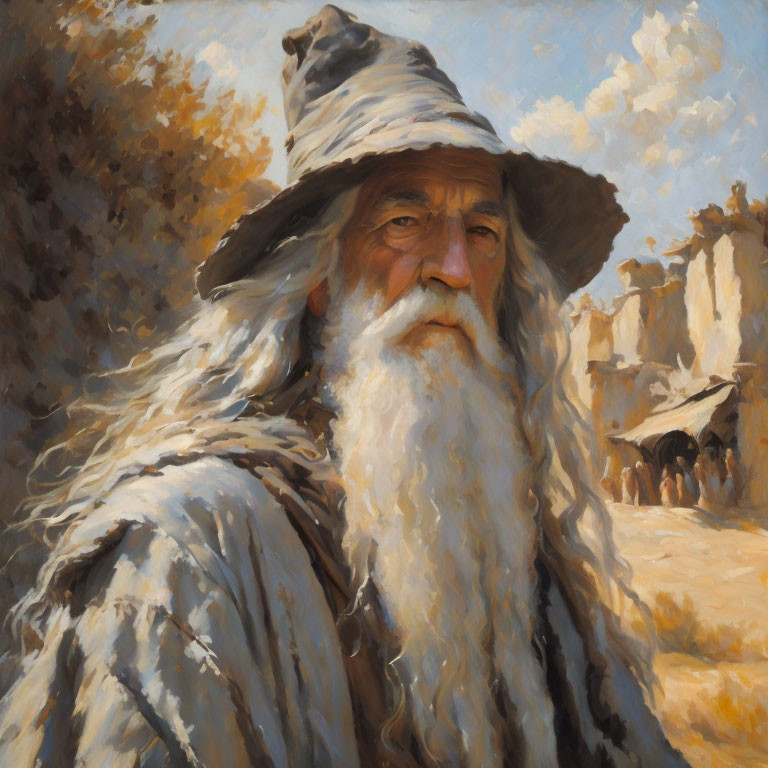 Elderly man in wide-brimmed hat and cloak in fantasy-style portrait