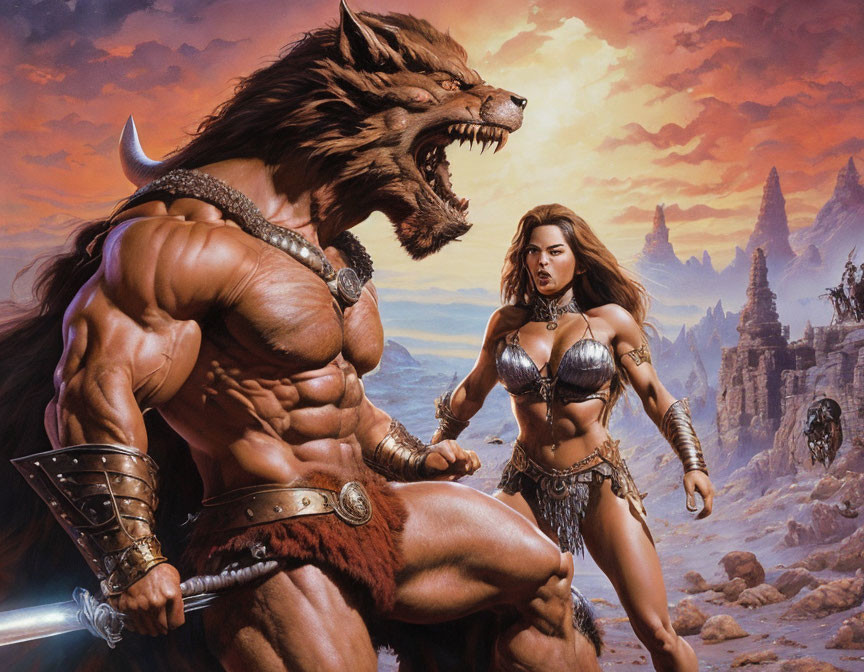 Fantasy illustration: Werewolf-like creature and warrior woman in armor against dramatic sky.