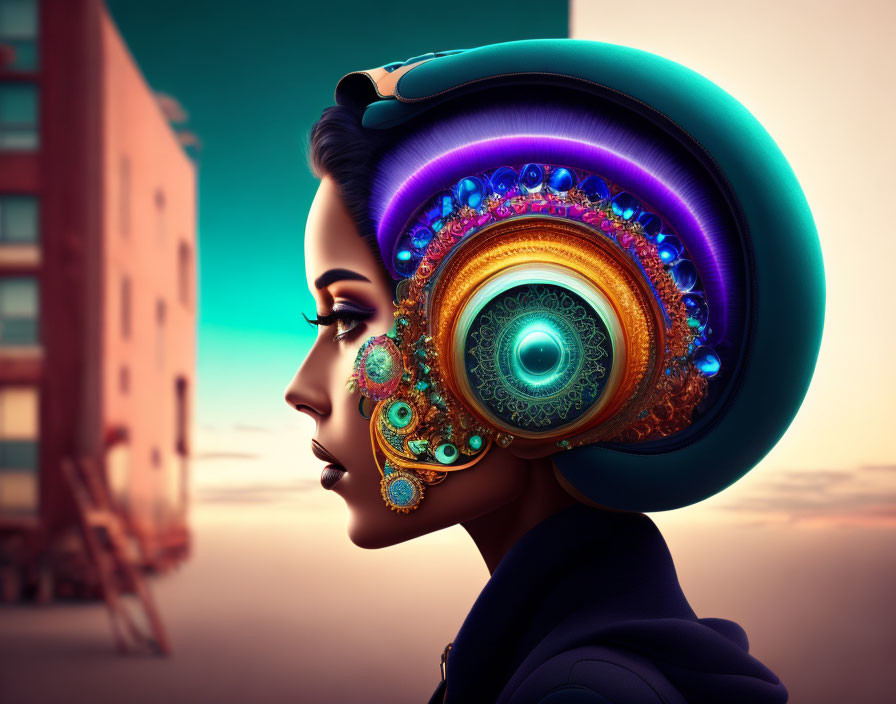 Profile view digital artwork: Woman with ornate snail shell headset, vibrant colors & gemstone accents