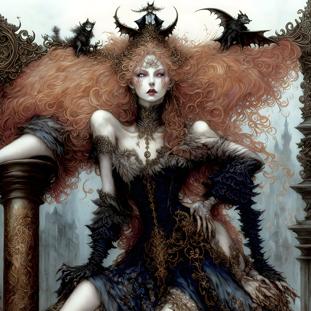 Fantasy queen with ornate horns, red hair, dark dress, gold accents, and bat-like