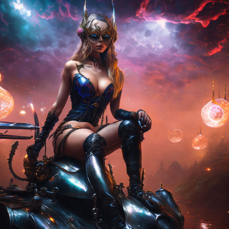 Fantasy illustration: Woman in ornate armor on mechanical creature in cosmic scene