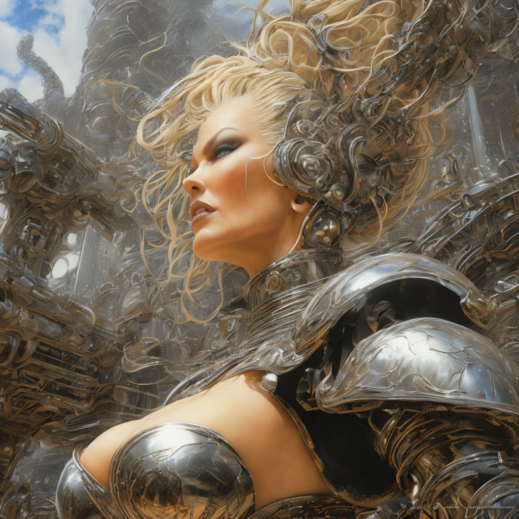 Digital artwork: Woman with blond hair in silver armor against cloudy sky