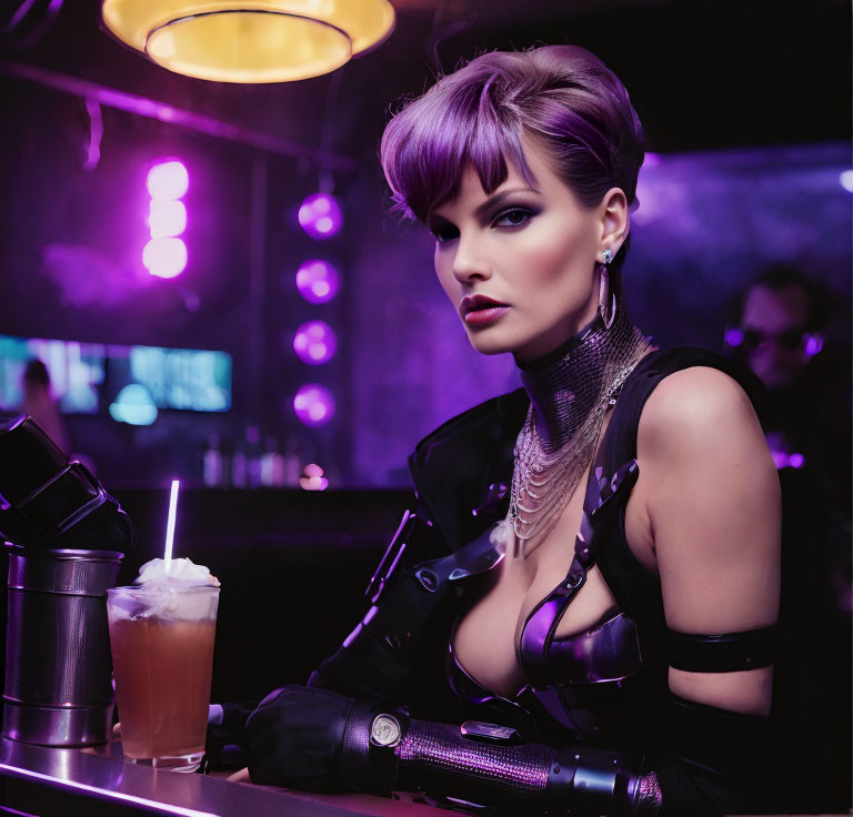 Stylish woman with short haircut poses confidently at bar with cocktail in black leather outfit and bold makeup