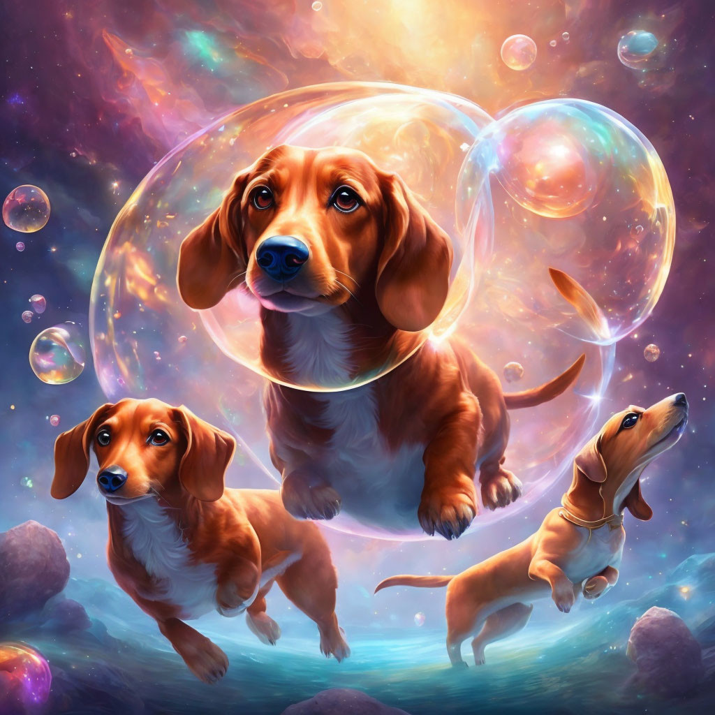 Colorful Illustration of Three Dachshunds in Cosmic Setting