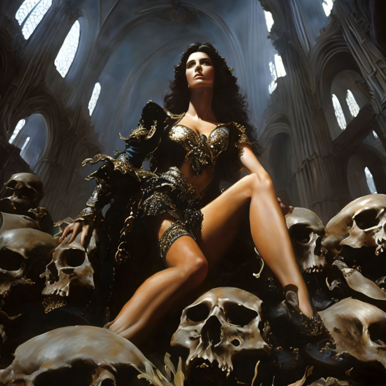 Powerful Woman in Ornate Armor Amid Skulls in Gothic Cathedral