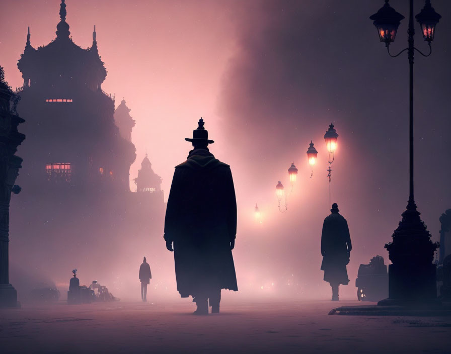 Silhouetted figure in coat and hat walking towards ornate buildings under pink-hued sky.