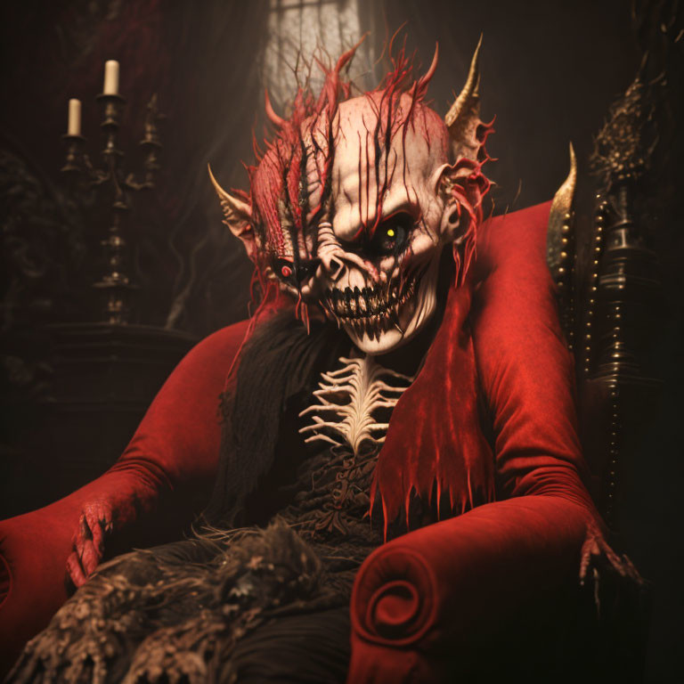 Sinister clown with sharp teeth and horns on a throne in dark setting