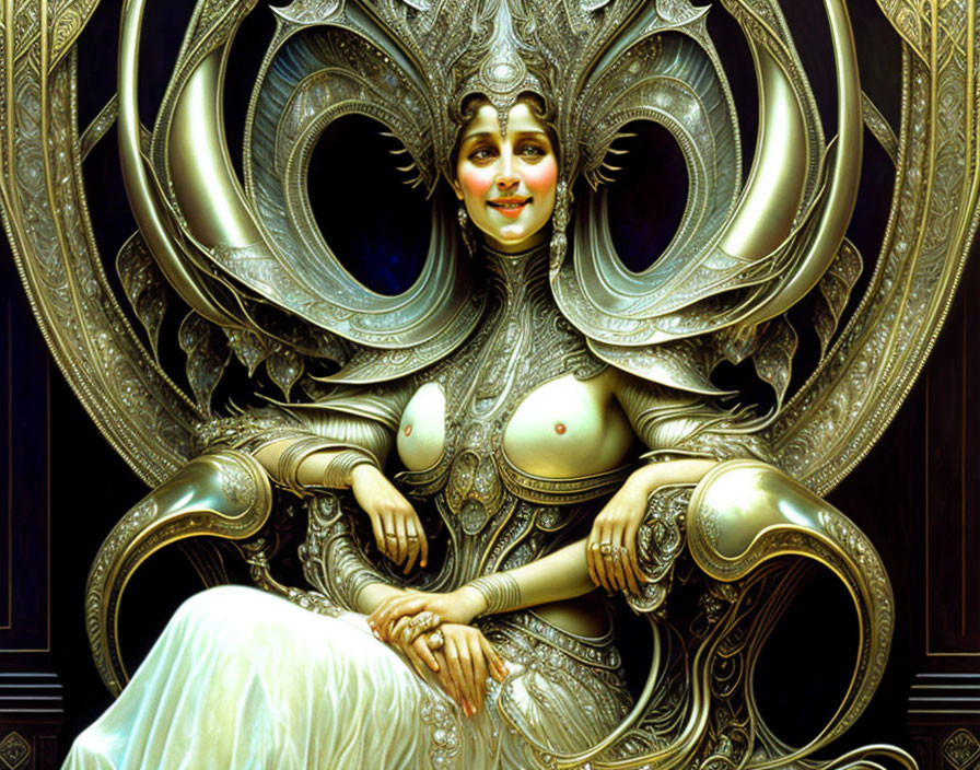 Ornate surreal female entity with peacock-feather-like embellishments in golden setting