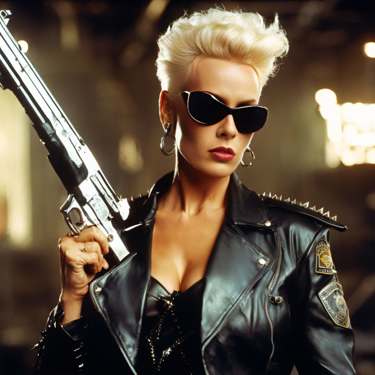 Blonde woman in leather jacket with rifle in dimly lit scene