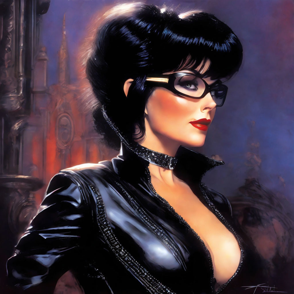 Black-haired woman in glasses and black outfit against gothic building.