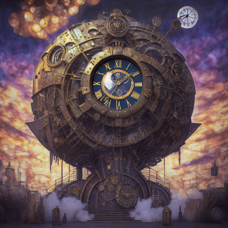 Steampunk-style spherical building with clock elements in dusk sky