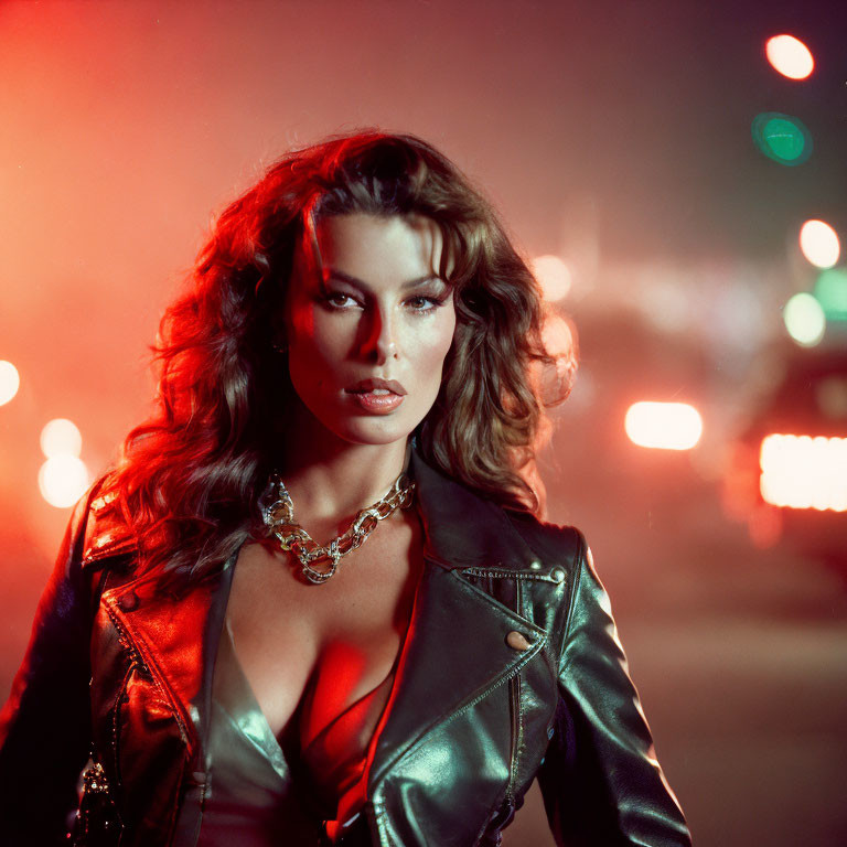 Woman with wavy hair in red top and black leather jacket poses at night with city lights.