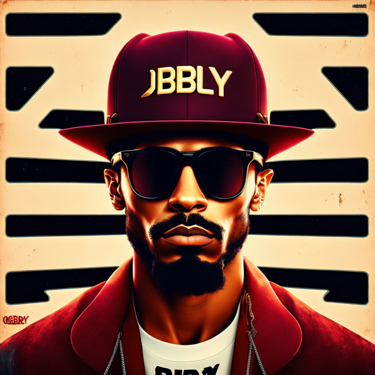 Man with beard in sunglasses and red hat with "JBLY" on striped yellow background