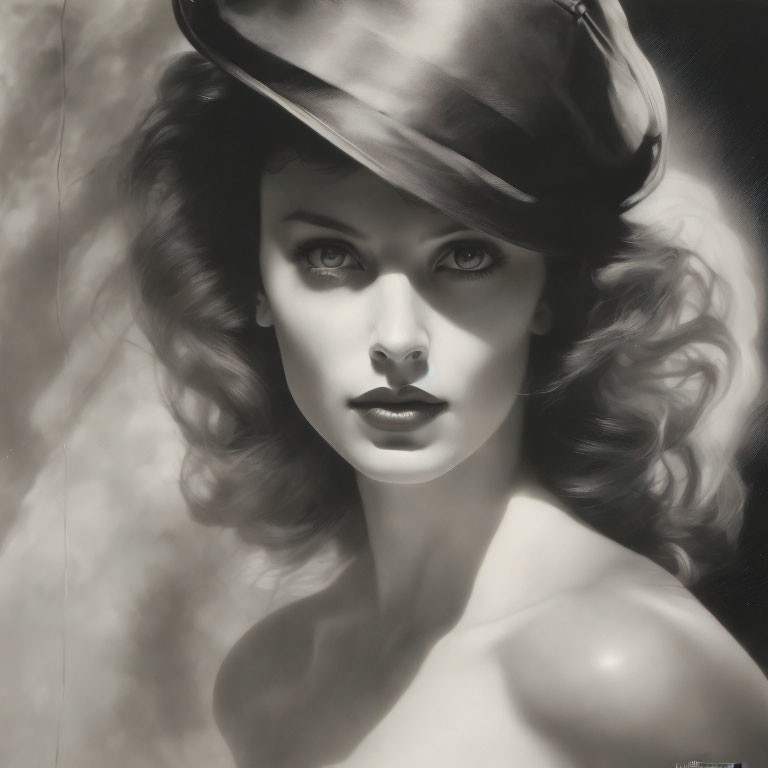 Monochromatic portrait of woman in beret with captivating gaze