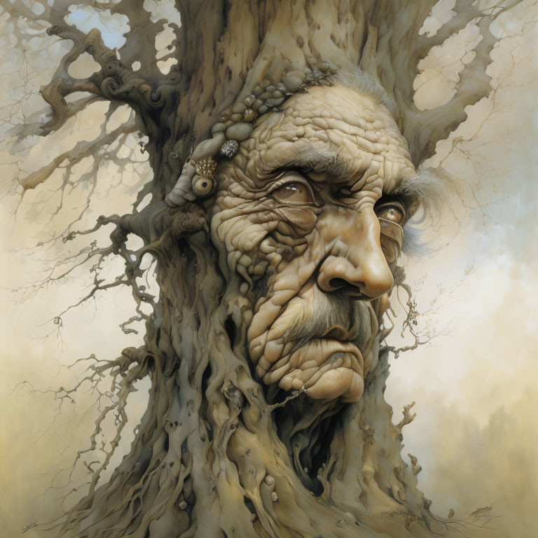 Portrait of an Old Man's Face Merged with a Gnarled Tree