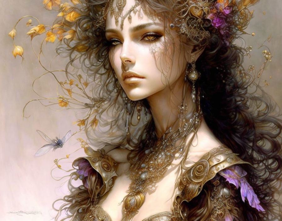 Fantasy portrait of a woman with ornate jewelry and flowers, golden leaves, and a dragonfly