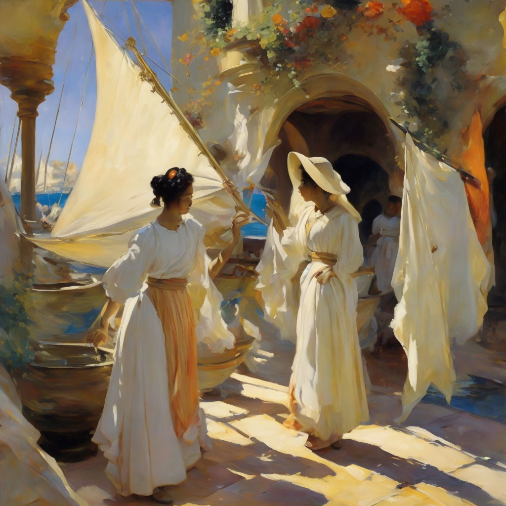 Women in white dresses and hats at sunlit seaside with sailboats and arched entryway.