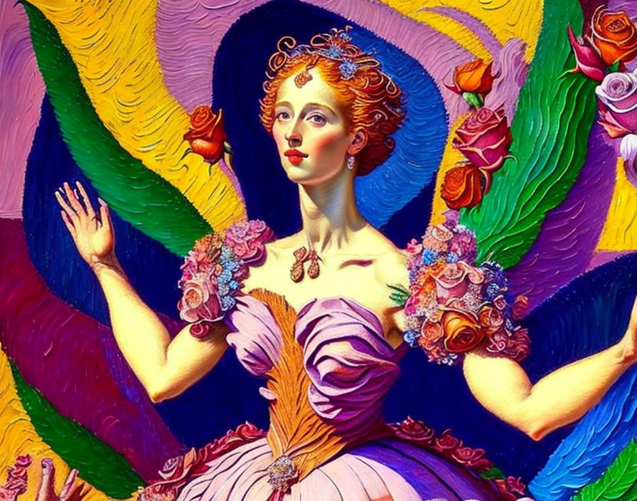 Colorful painting of woman with red hair in purple dress, wings, and roses.