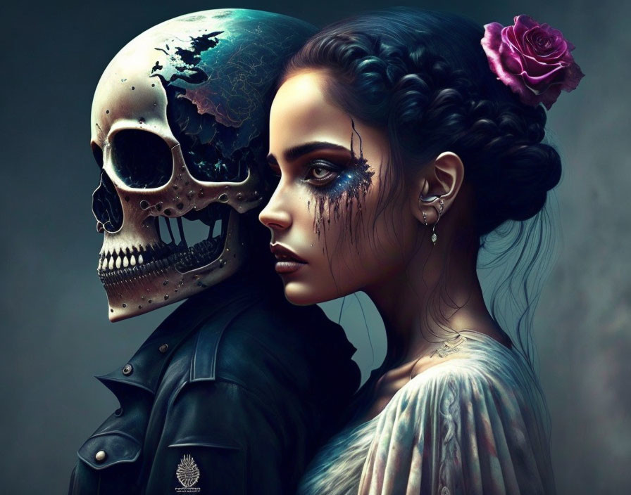 Gothic-inspired artwork: Woman with makeup and rose beside skeleton with globe helmet