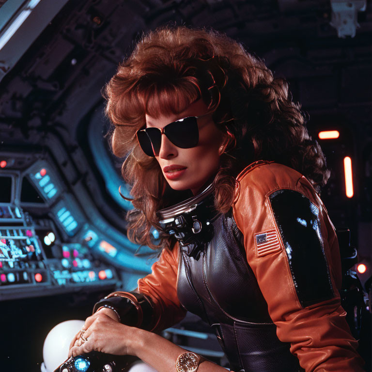 Woman in retro-futuristic pilot gear in spacecraft cockpit