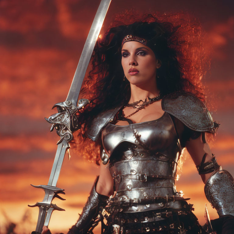 Warrior woman in silver armor wields sword under red sky