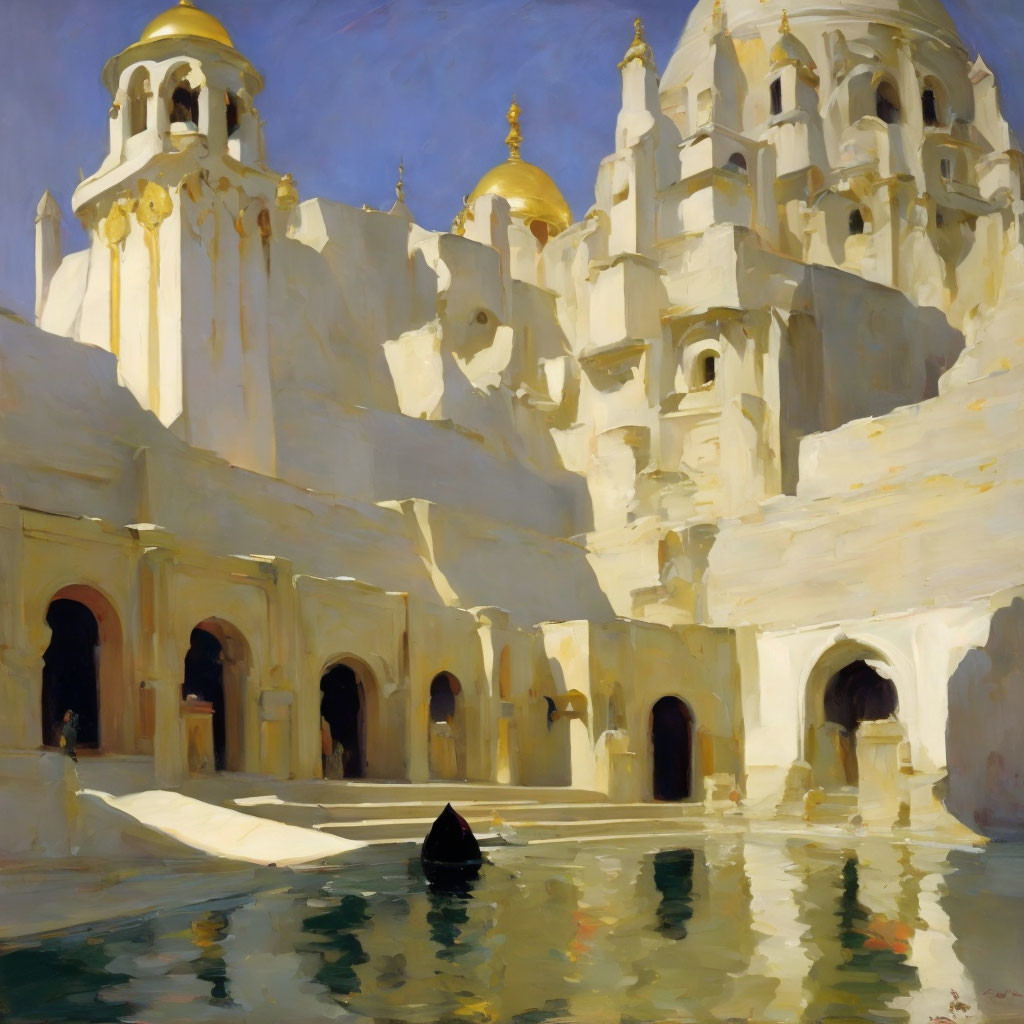 Serene oil painting of architectural scene with reflective water and solitary figure