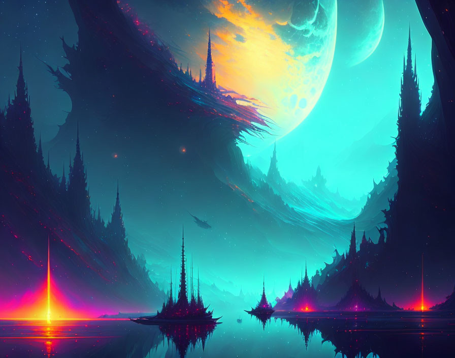 Colorful Sci-Fi Landscape with Tall Spires, Moon, Planets, and Alien Surface