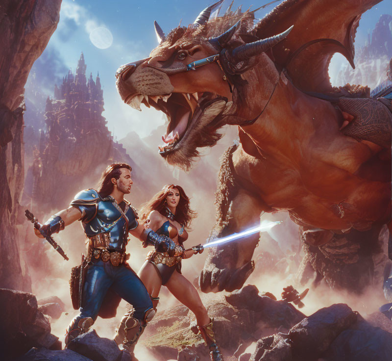 Male and female warriors in armor face off against a snarling dragon under a moonlit sky.