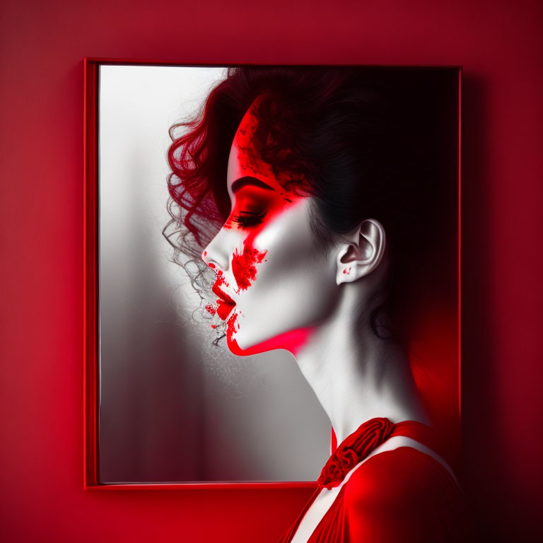 Profile view of woman with striking red makeup against red backdrop, blending art and portrait with surreal touch.