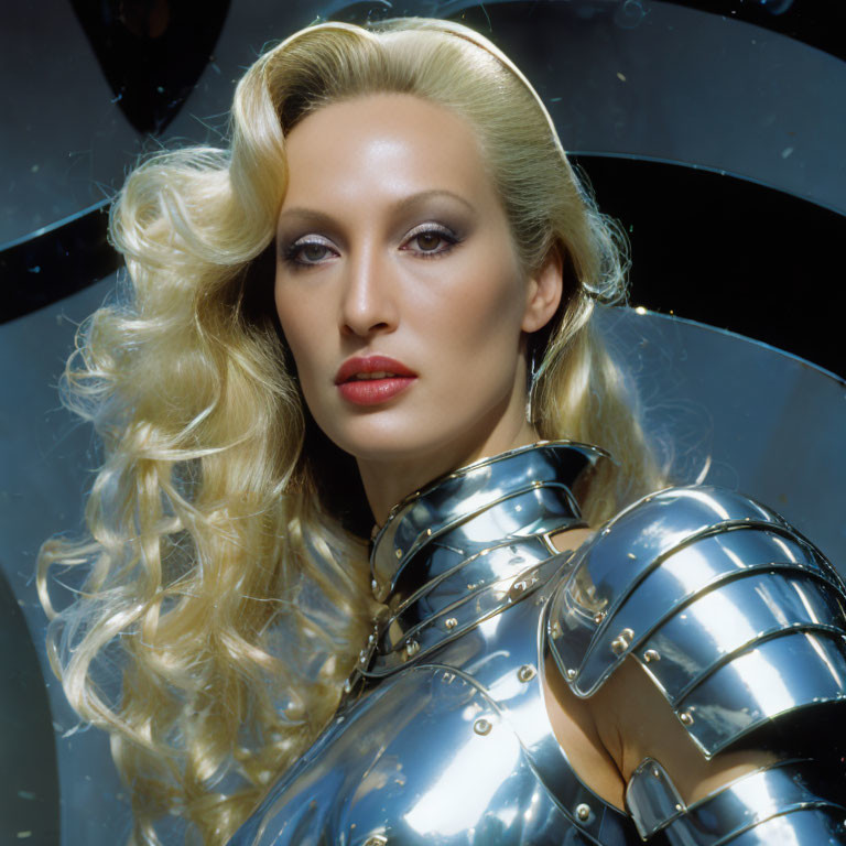 Blonde woman in futuristic silver armor with wavy hair