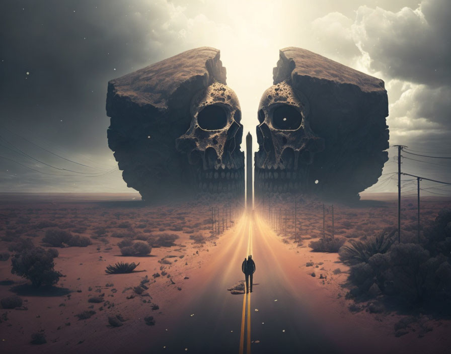 Desert landscape with skull-shaped rock gate and mystical light.